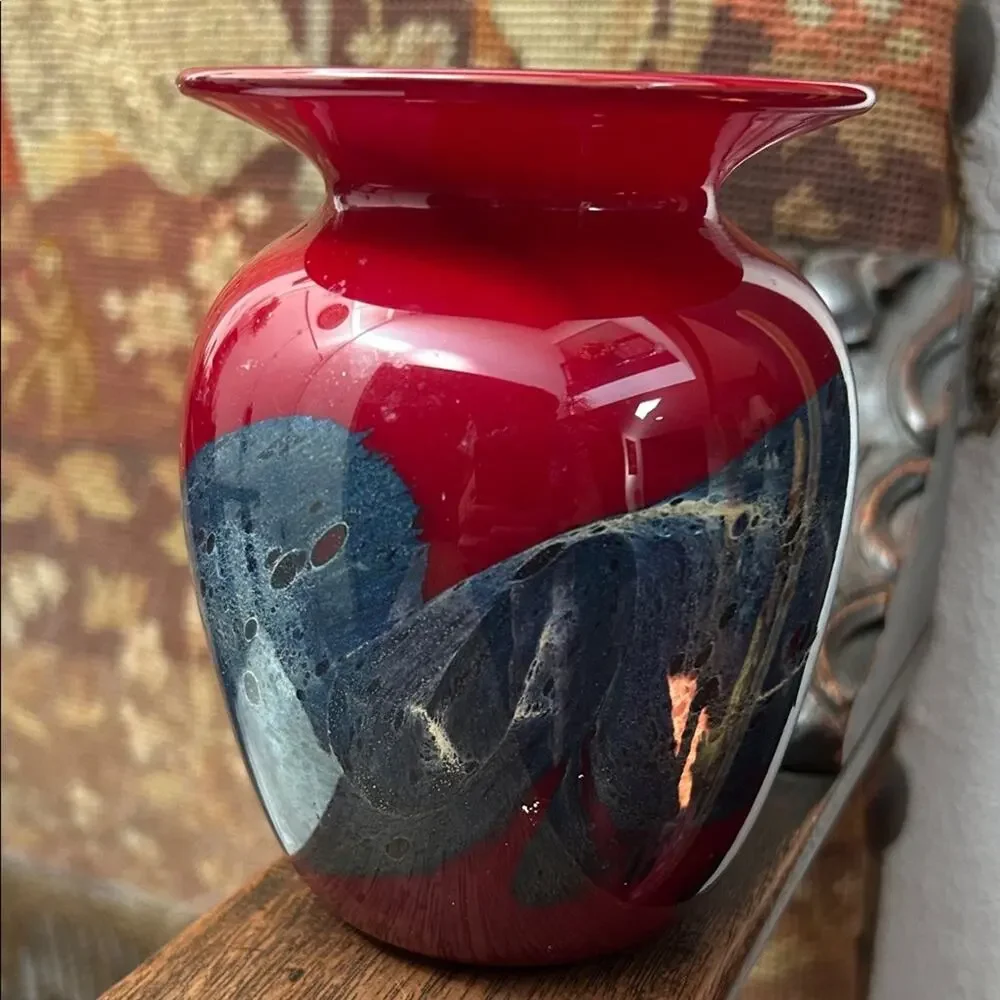 Michael Nourot Vintage Red Art Glass Vase with Colored Swirl, Signed by Artist